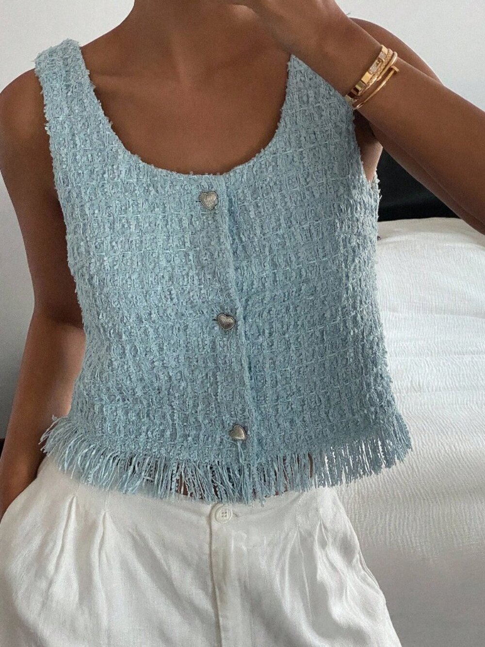 Blue Casual Women's Tweed Texture Fringe Detail Top